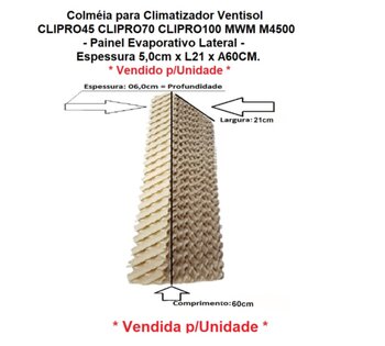 Colméia para Climatizador Ventisol CLIPRO45/70/100Litros, MWM M4500 41Litros - Painel Lateral - Espessura 5,0cm x L21 x A60CM *Vendida p/Unidade - Pai