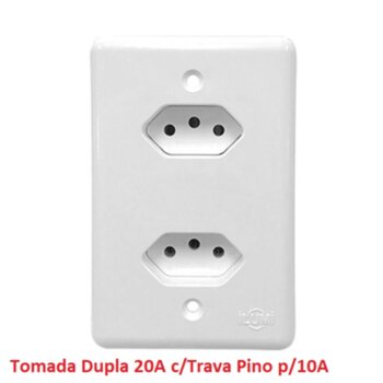 Conjunto Tomada Elétrica Dupla 2P+T 20A com Trava Pino de 10 Amperes - cor Branca - Ilumi Stylus MonoBloco Ref.201210 - Fácil Instalação