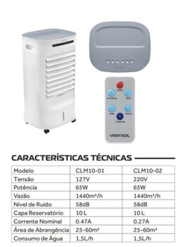 Climatizador Evaporativo Portatil 010Litros 127v 65w Ventisol CLM10-01 Vazao 1.440m3/h - Controle Remoto Total - Climatizador Residencial Nobille