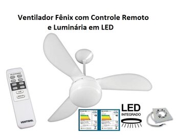 Ventilador de Teto Ventisol Fênix 127v Branco 3Pás Plásticas Brancas c/Luminária em LED20W com Controle Remoto 3Velocidades