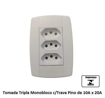 Conjunto Tomada Elétrica Tripla 2P+T 20A com Trava p/Pino 10Amperes - cor Branca - Ilumi Stylus Monobloco Ref.87124 - Fácil Instalação