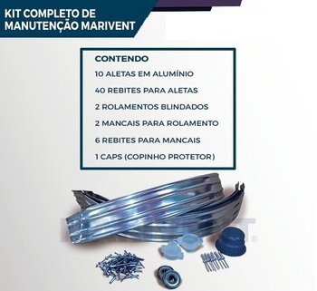 Kit Reparo para Manutenção de Exaustor Eólico 22 Polegadas - Marivent - Kit Manutenção c/10 Aletas+Peças+2 Rol 6201