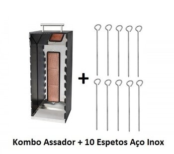 Assador de Espetinhos a Gas Churrasqueira Arke AGI-10 Portatil cor Preta - Kit com 10 Espetos Aco Inox Incluidos - Assa Ate 10 Espetinhos
