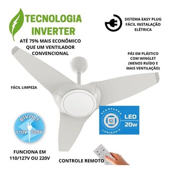 Ventilador de Teto Ventisol Flow Inverter BIV-127V-220V 30W - Luminária LED20W Luz Branca - c/Controle Remoto Total - Super Silencioso