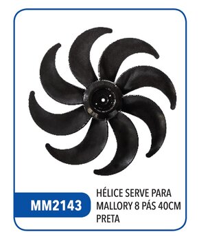Helice de 40cm para Ventilador Mallory 8Pas Plastica cor Preta - Eixo 08,0mm Ponta Redonda Com Trava Traseira