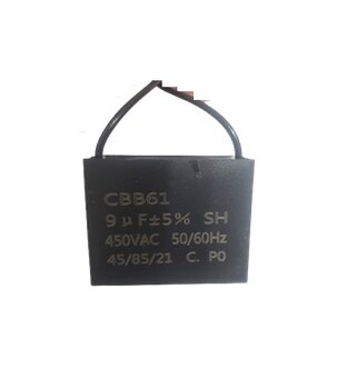 Capacitor para Ventilador de Teto - Potencia 09,0uF Saída 2Fios 450VAC - Capacitor Quadrado CBB61