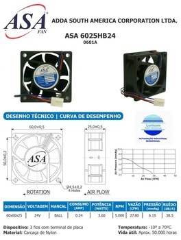 Exaustor de 06cm Microventilador 24Volts - Cooler Asafan 60X60X25mm 24V Mini Fan 6025B-24V