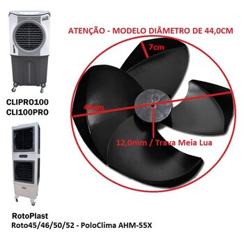 Helice para Climatizador RotoPlast Roto45/46/50/52 Atuais - Diam.Ext.44cm 4Pas E-12mm PML Giro Anti-Horario - Ventisol CLI100PRO PoloClima AHM-55X