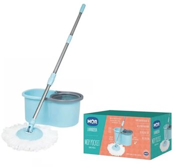 Esfregao Mop Pocket Limpeza Pratica cor Azul - Giratorio Balde 8 Litros + Vassoura + Cabo - MOR 8294
