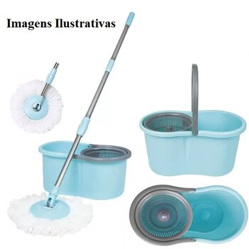 Esfregao Mop Pocket Limpeza Pratica cor Azul - Giratorio Balde 8 Litros + Vassoura + Cabo - MOR 8294