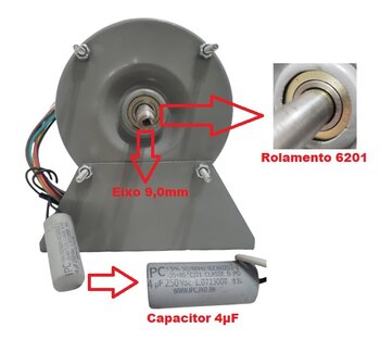 MOTOR P/CLIMATIZADOR EBONE BIV04,0UF - FOG3 LADO/DISCO PULVERIZANTE EIXO ROSCA 9,0MM - 165W 1/5CV 2P 3500RPM - VENT AIR-779 -  MUNDIAL BRYSA/ MIST-FAN