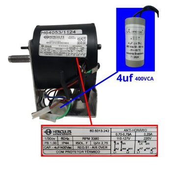 MOTOR P/CLIMATIZADOR JOAPE BIV04,0UF BOB/BOB SUPER - LADO DO DISCO EVAPORADOR - 3380RPM 1/30 2P 50/60HZ HERCULES