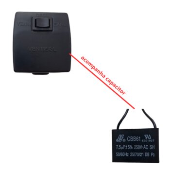 CHAVE P/EXAUSTOR VENTISOL 30/40CM 110V C/CAP-07,5UF 250VAC - 1TECLA LIGA/DESLIGA/REVERSÃO C/CAIXA DE SOBREPOR COR PRETA