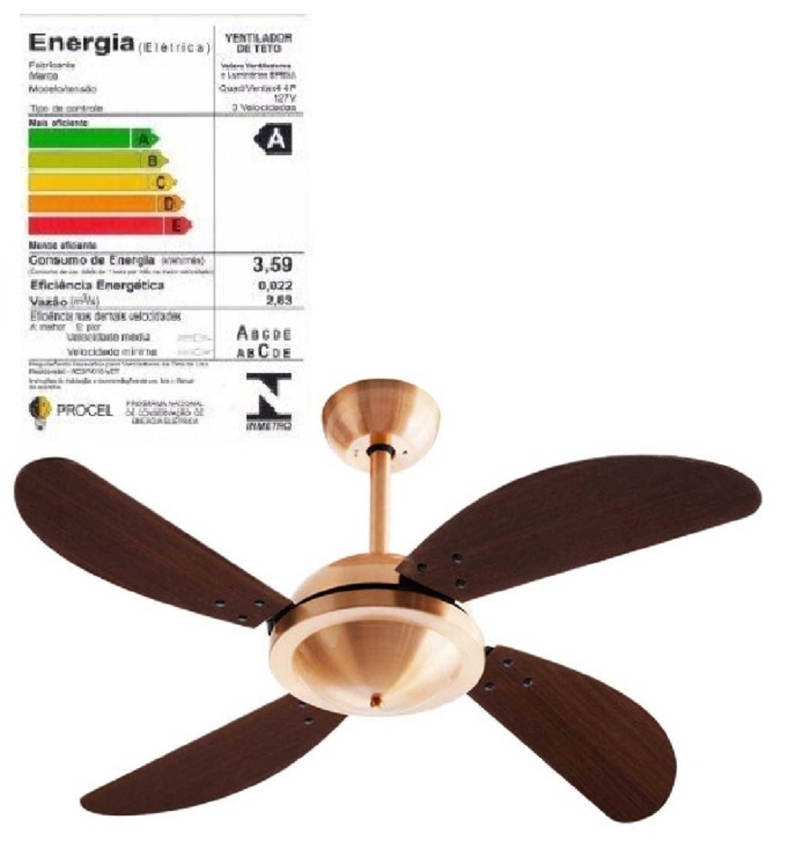 Ventilador de Teto Volare Office Cobre 127v 4Pás Fly Tuba Tabaco ...